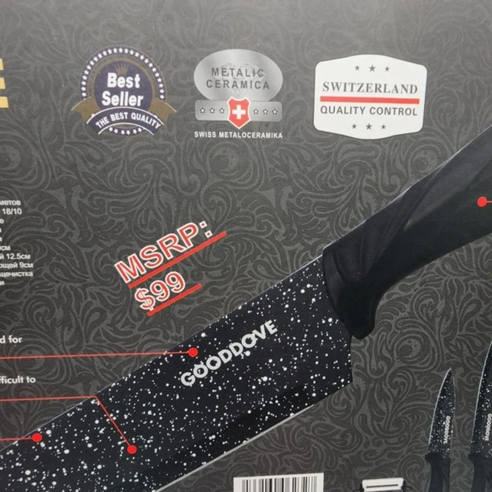 Gooddove SG-9200 Kitchen Knife Set Black 6 Piece Antibacterial‎ Swiss Gold New